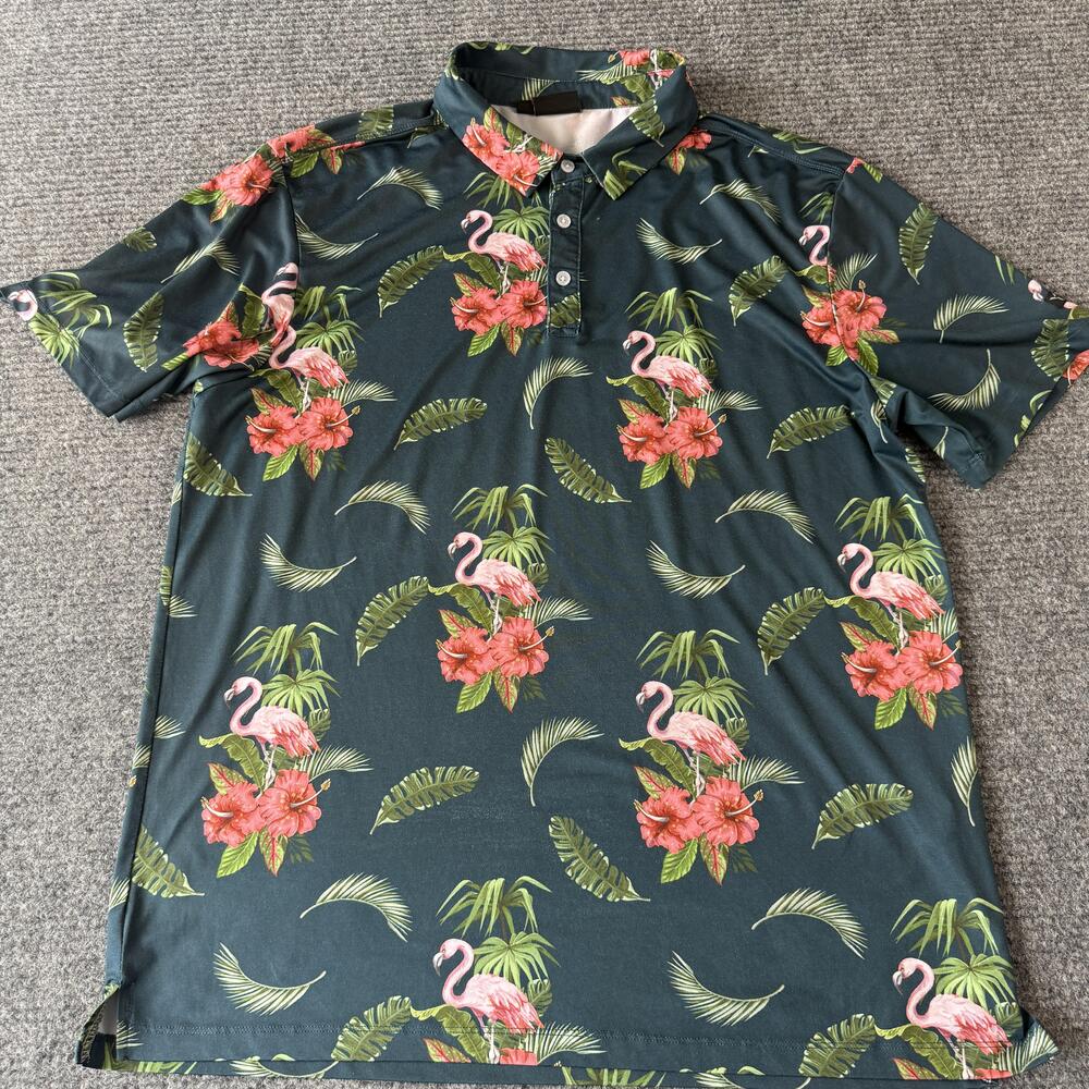 Yatta Golf Polo Shirt Mens Large Green Flamingo Floral Tropical Performance